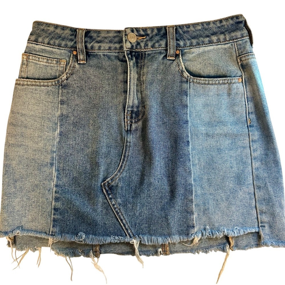 PacSun Patchwork Denim Mini Skirt Blue Multi Tone Raw Hem Size 26